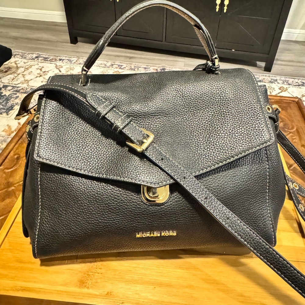 Michael Kors Black Textured Leather Satchel with Gold Hardware